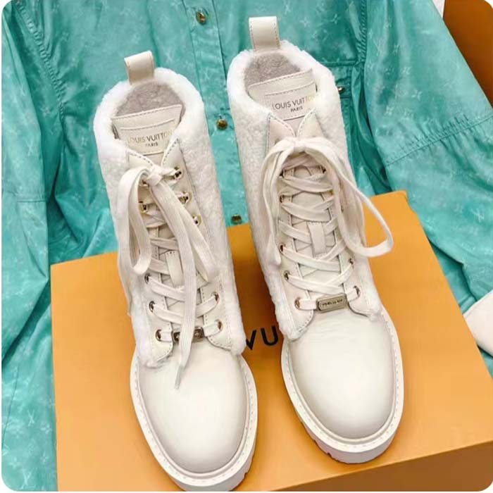 Louis Vuitton LV Women Territory Flat Ranger Ecru Beige Calf Leather Wool