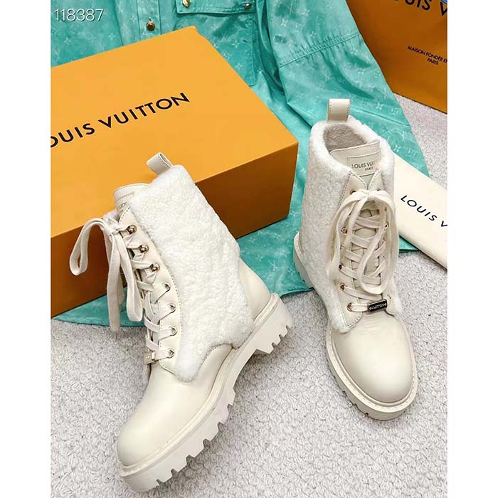 Louis Vuitton LV Women Territory Flat Ranger Ecru Beige Calf Leather Wool