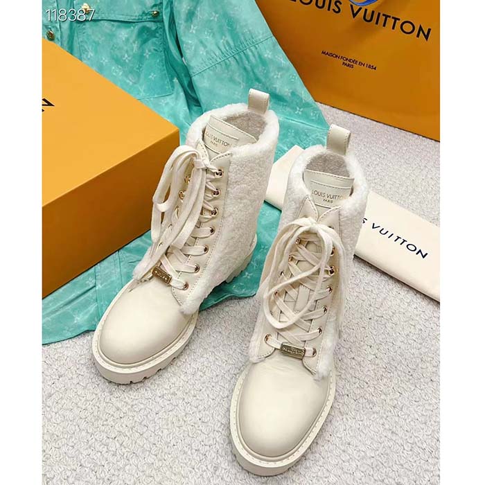 Louis Vuitton LV Women Territory Flat Ranger Ecru Beige Calf Leather Wool