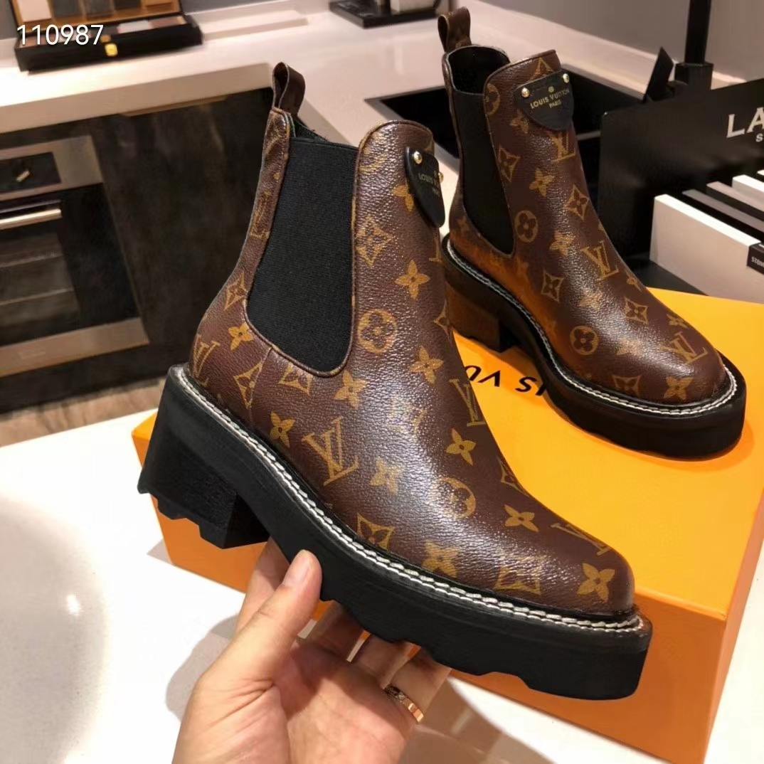 Louis Vuitton Women LV Ruby Flat Ankle Boot Cacao Brown Patent Monogram Canvas