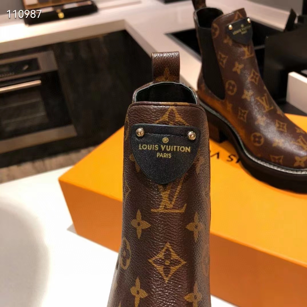 Louis Vuitton Women LV Ruby Flat Ankle Boot Cacao Brown Patent Monogram Canvas