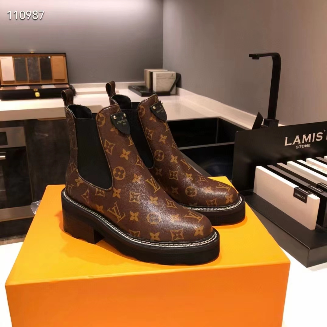 Louis Vuitton Women LV Ruby Flat Ankle Boot Cacao Brown Patent Monogram Canvas