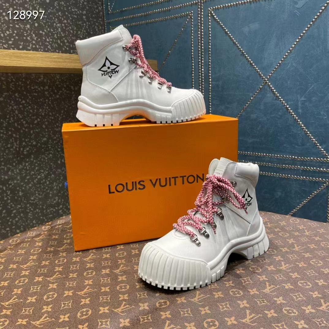 Louis Vuitton Women LV Ruby Flat Ranger White Calf Leather Bicolor Laces Rubber
