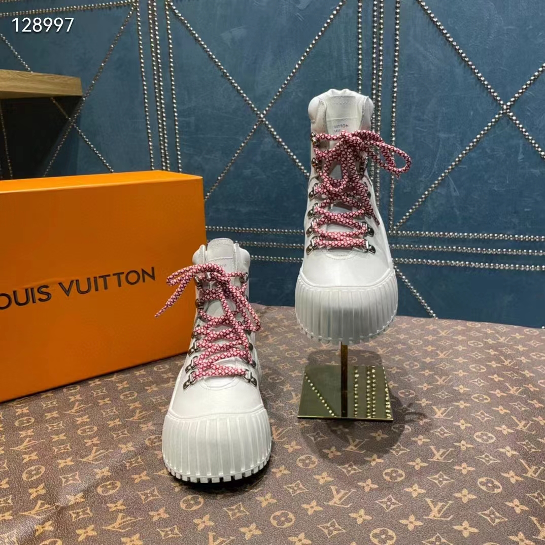 Louis Vuitton Women LV Ruby Flat Ranger White Calf Leather Bicolor Laces Rubber