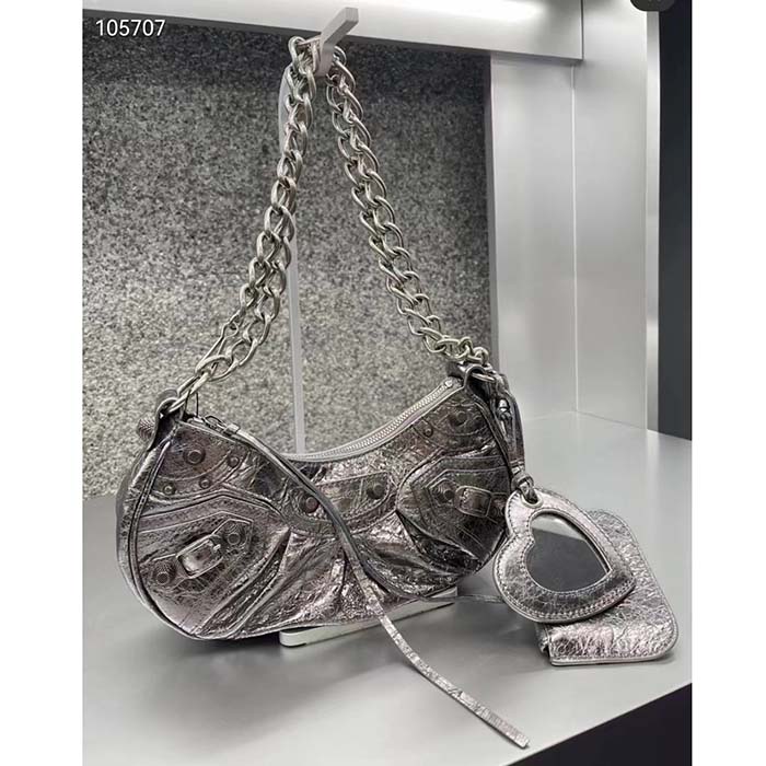 Balenciaga Women BB Le Cagole XS Shoulder Bag Silver Metallized Arena Lambskin