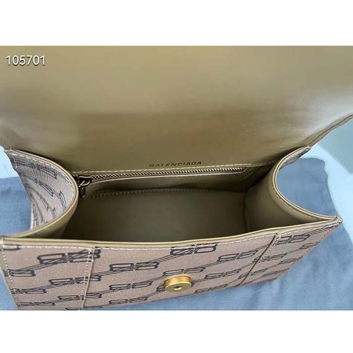 Balenciaga Women Hourglass Small Handbag Beige Brown BB Monogram Coated Canvas