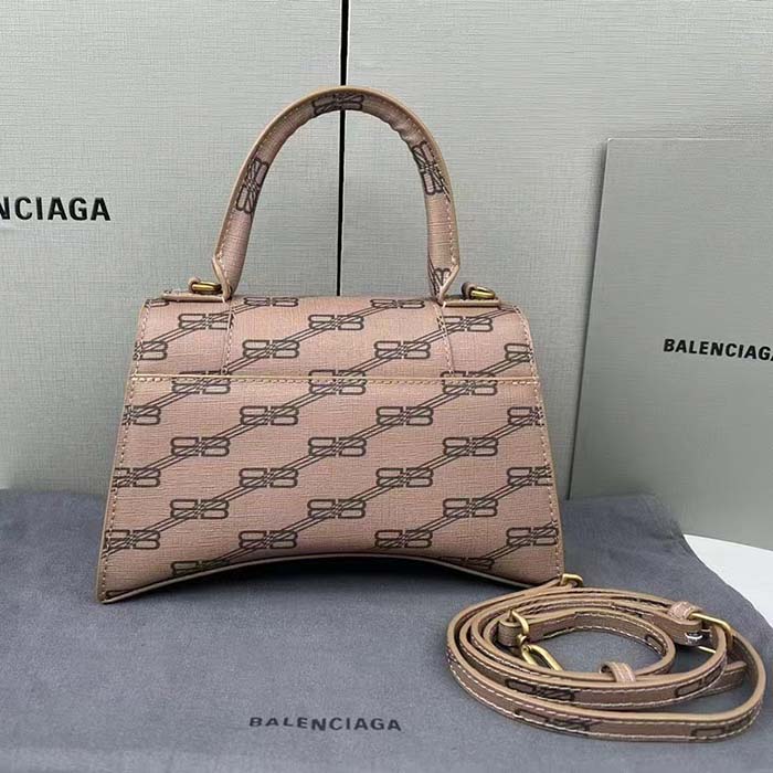 Balenciaga Women Hourglass Small Handbag Beige Brown BB Monogram Coated Canvas