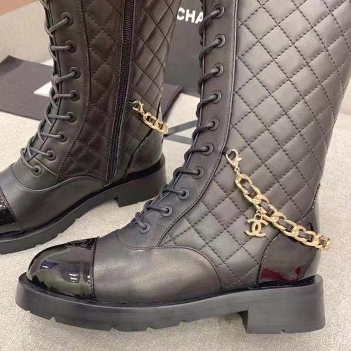 Chanel Women CC Lace-Ups Boots Lambskin & Grained Calfskin Black 4 Cm Heel