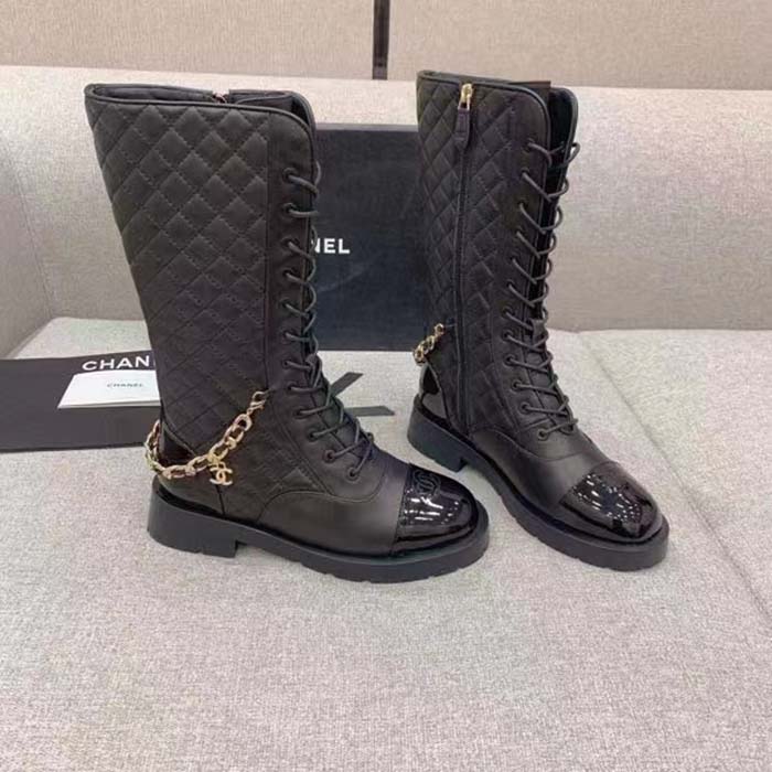 Chanel Women CC Lace-Ups Boots Lambskin & Grained Calfskin Black 4 Cm Heel