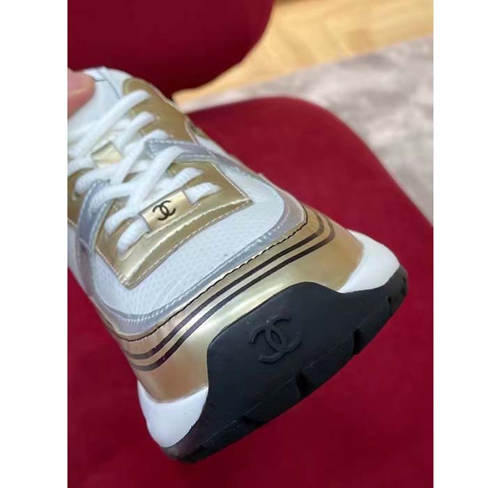 Chanel Women CC Sneakers Fabric Laminated White Gold Silver 1 Cm Heel