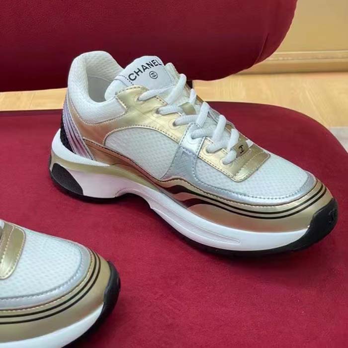 Chanel Women CC Sneakers Fabric Laminated White Gold Silver 1 Cm Heel