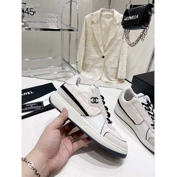 Chanel Women CC Sneakers Fabric Suede Calfskin Calfskin White Light Gray