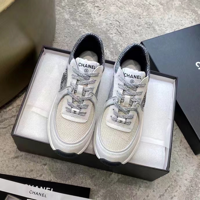 Chanel Women CC Sneakers Fabric & Suede Calfskin Ivory Light Gray & White 1 Cm Heel
