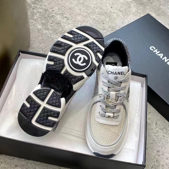 Chanel Women CC Sneakers Fabric & Suede Calfskin Ivory Light Gray & White 1 Cm Heel