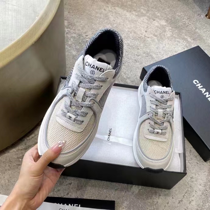 Chanel Women CC Sneakers Fabric & Suede Calfskin Ivory Light Gray & White 1 Cm Heel