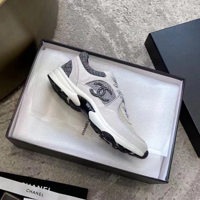 Chanel Women CC Sneakers Fabric & Suede Calfskin Ivory Light Gray & White 1 Cm Heel