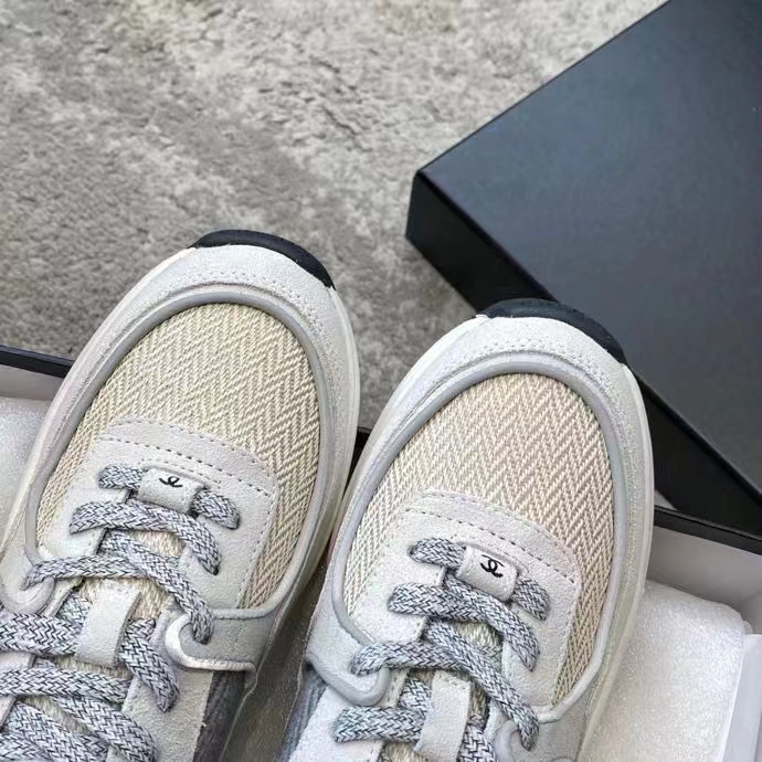 Chanel Women CC Sneakers Fabric & Suede Calfskin Ivory Light Gray & White 1 Cm Heel