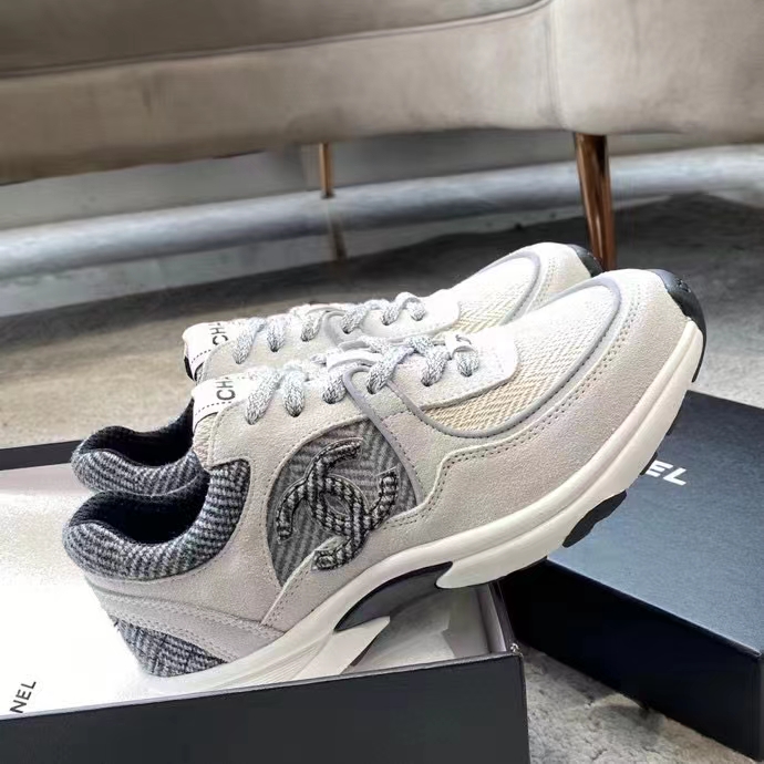 Chanel Women CC Sneakers Fabric & Suede Calfskin Ivory Light Gray & White 1 Cm Heel
