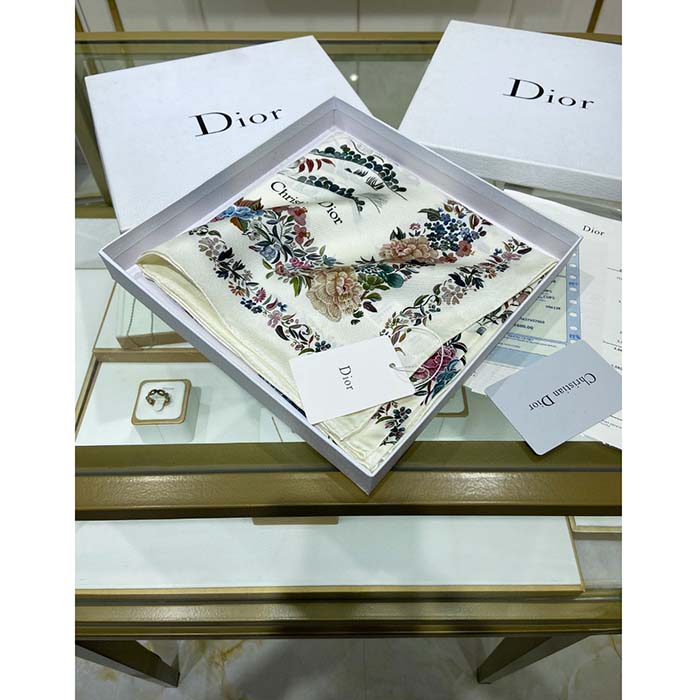 Dior CD Women Jardin D’Hiver 90 Square Scarf White Multicolor Silk Twill