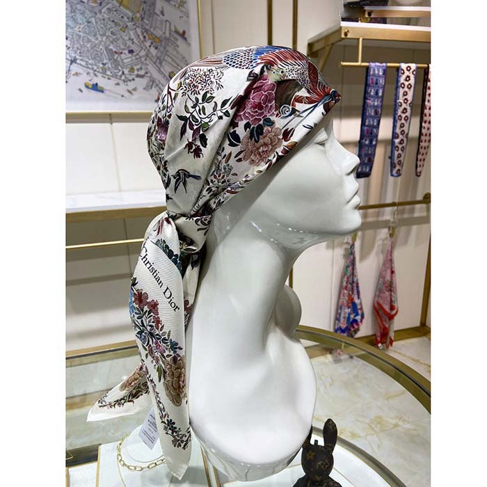 Dior CD Women Jardin D’Hiver 90 Square Scarf White Multicolor Silk Twill