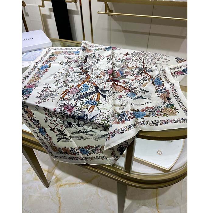 Dior CD Women Jardin D’Hiver 90 Square Scarf White Multicolor Silk Twill