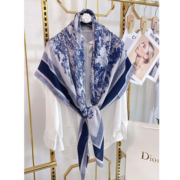 Dior CD Women Toile De Jouy Sauvage Square 90 Scarf Ivory Navy Blue Silk Twill
