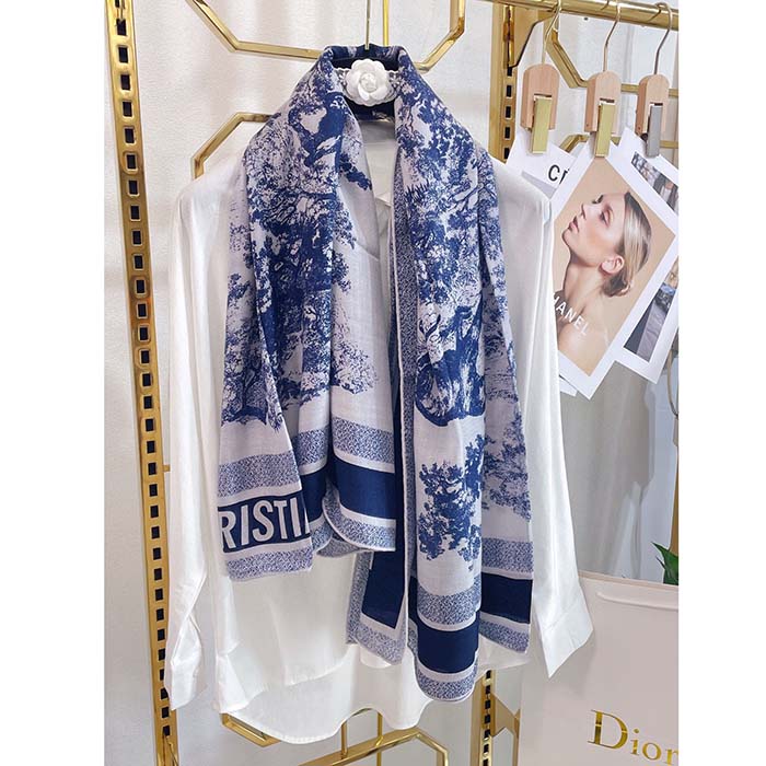Dior CD Women Toile De Jouy Sauvage Square 90 Scarf Ivory Navy Blue Silk Twill