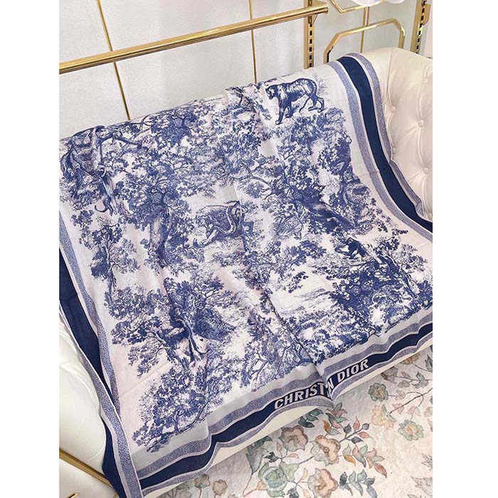 Dior CD Women Toile De Jouy Sauvage Square 90 Scarf Ivory Navy Blue Silk Twill