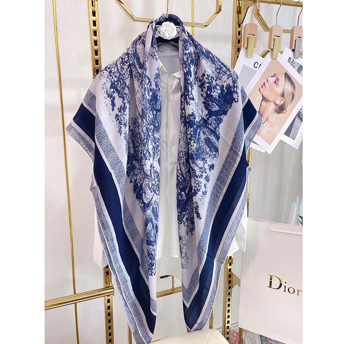 Dior CD Women Toile De Jouy Sauvage Square 90 Scarf Ivory Navy Blue Silk Twill