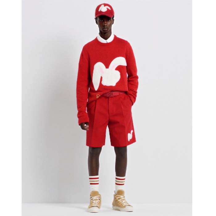 Dior Men CD By Erl Sweater Rabbit Patch Red Cotton-Blend Jersey Round Neck