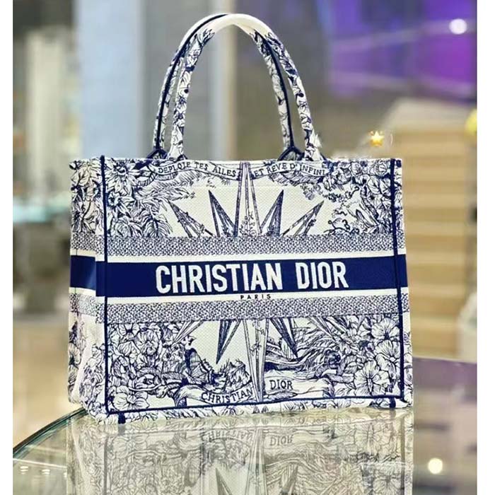 Dior Unisex CD Medium Book Tote White Blue Rêve D’Infini Embroidery