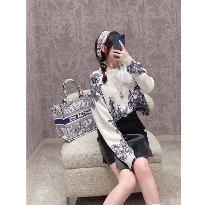 Dior Unisex CD Medium Book Tote White Blue Rêve D’Infini Embroidery