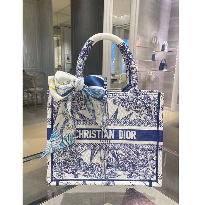 Dior Unisex CD Medium Book Tote White Blue Rêve D’Infini Embroidery