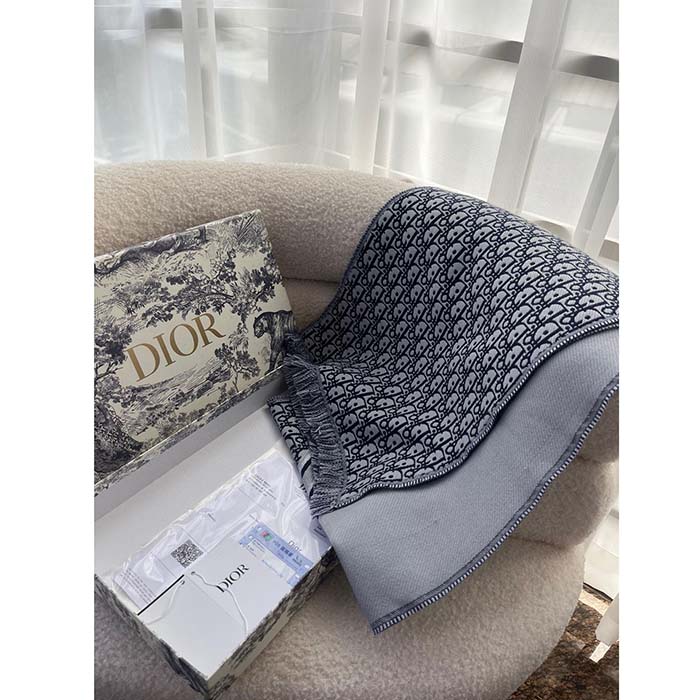 Dior Unisex CD Oblique Scarf Black Gray Wool Fringed Edging Wool