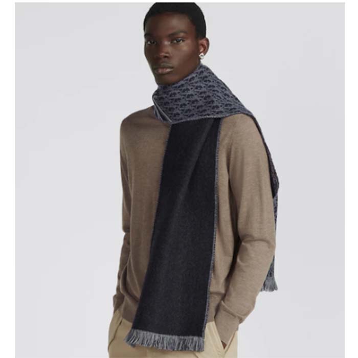 Dior Unisex CD Oblique Scarf Black Gray Wool Fringed Edging Wool