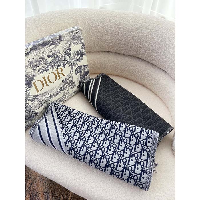 Dior Unisex CD Oblique Scarf Black Gray Wool Fringed Edging Wool