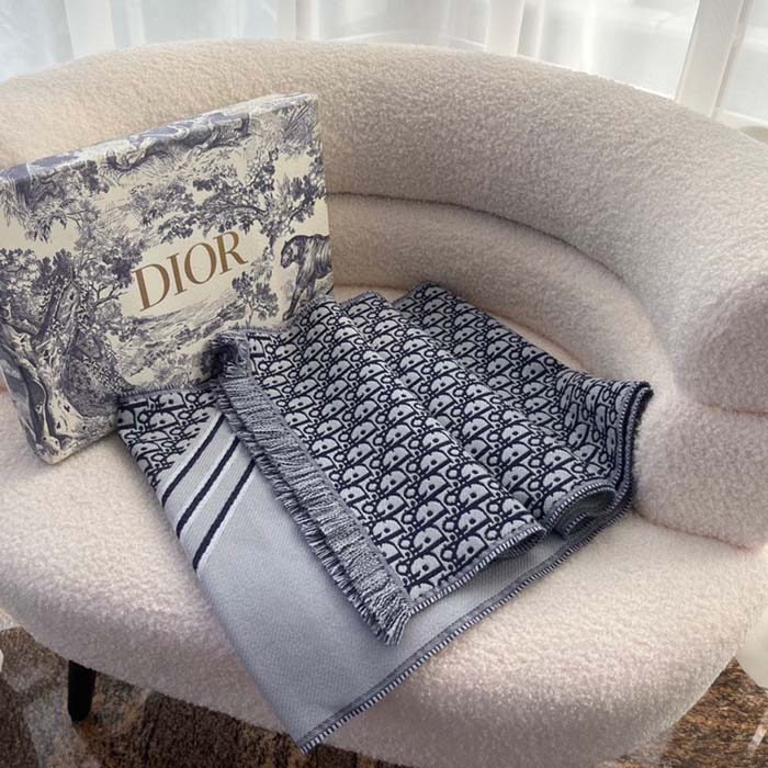 Dior Unisex CD Oblique Scarf Black Gray Wool Fringed Edging Wool