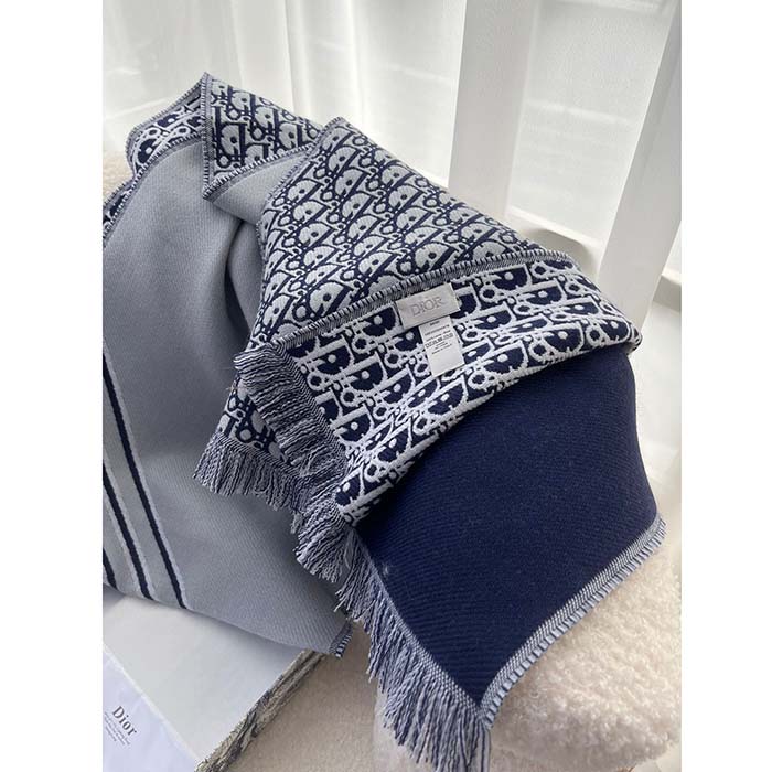 Dior Unisex CD Oblique Scarf Black Gray Wool Fringed Edging Wool
