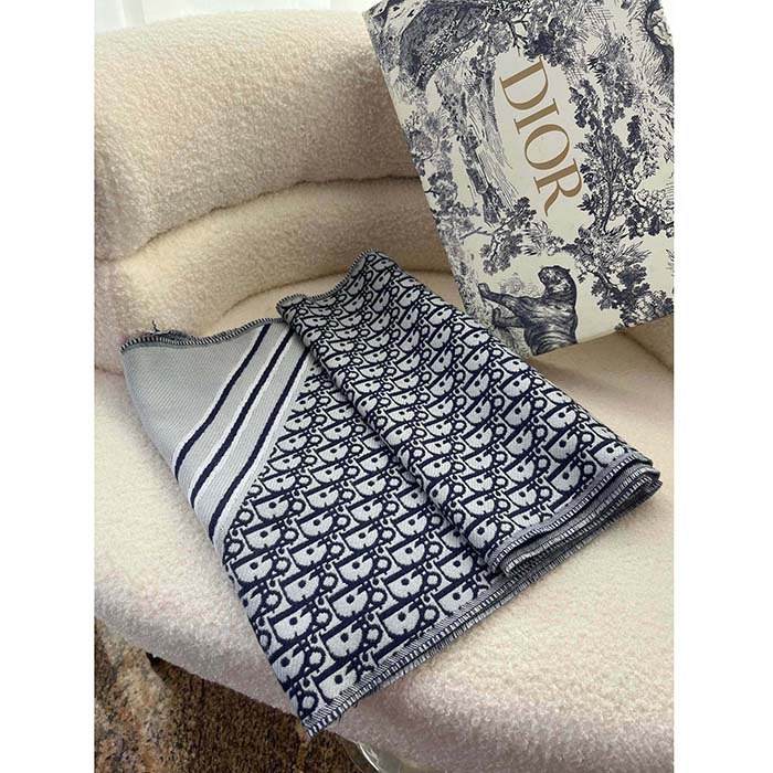 Dior Unisex CD Oblique Scarf Black Gray Wool Fringed Edging Wool