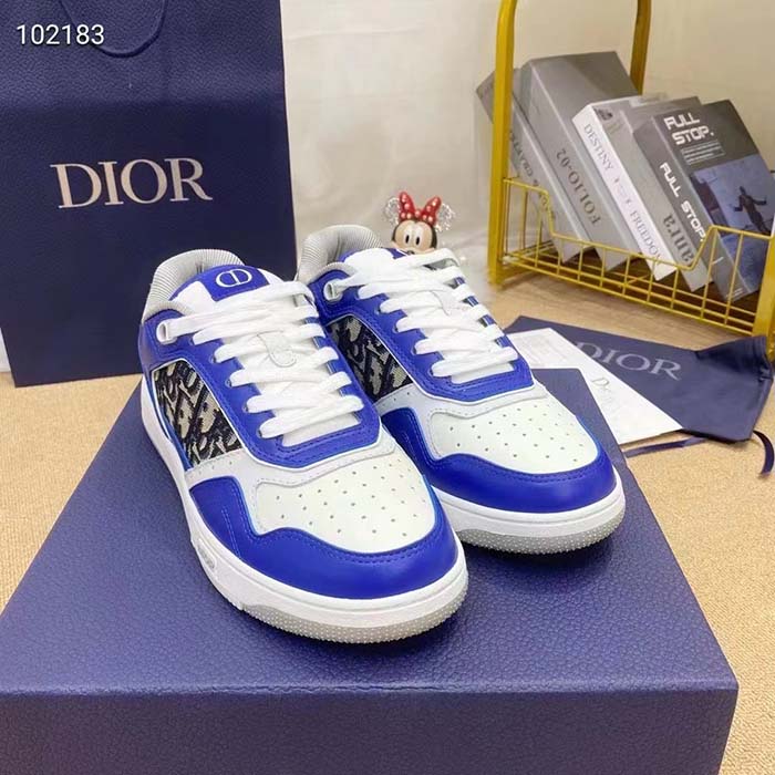 Dior Unisex Shoes CD B27 Low-Top Sneaker Blue Gray White Smooth Calfskin Oblique Jacquard