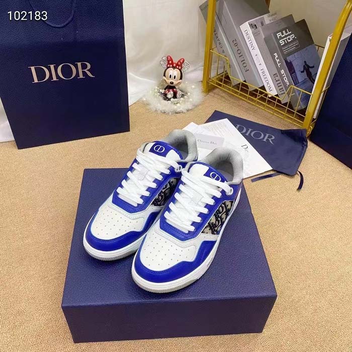 Dior Unisex Shoes CD B27 Low-Top Sneaker Blue Gray White Smooth Calfskin Oblique Jacquard