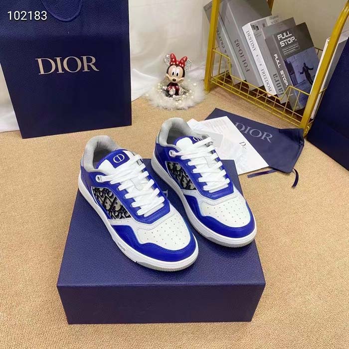 Dior Unisex Shoes CD B27 Low-Top Sneaker Blue Gray White Smooth Calfskin Oblique Jacquard