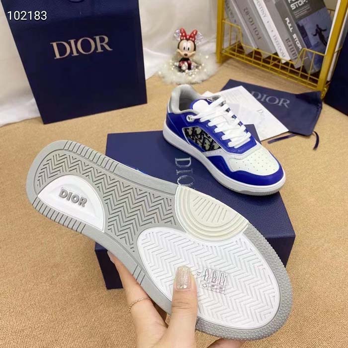 Dior Unisex Shoes CD B27 Low-Top Sneaker Blue Gray White Smooth Calfskin Oblique Jacquard