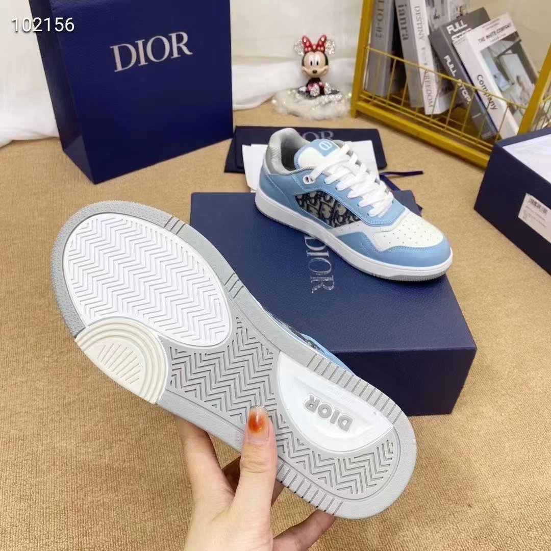 Dior Unisex Shoes CD B27 Low-Top Sneaker Light Blue White Gray Smooth Calfskin Oblique Jacquard