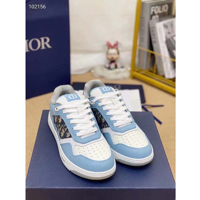Dior Unisex Shoes CD B27 Low-Top Sneaker Light Blue White Gray Smooth Calfskin Oblique Jacquard