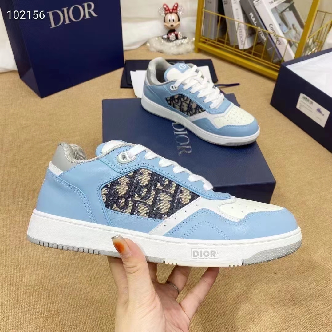 Dior Unisex Shoes CD B27 Low-Top Sneaker Light Blue White Gray Smooth Calfskin Oblique Jacquard