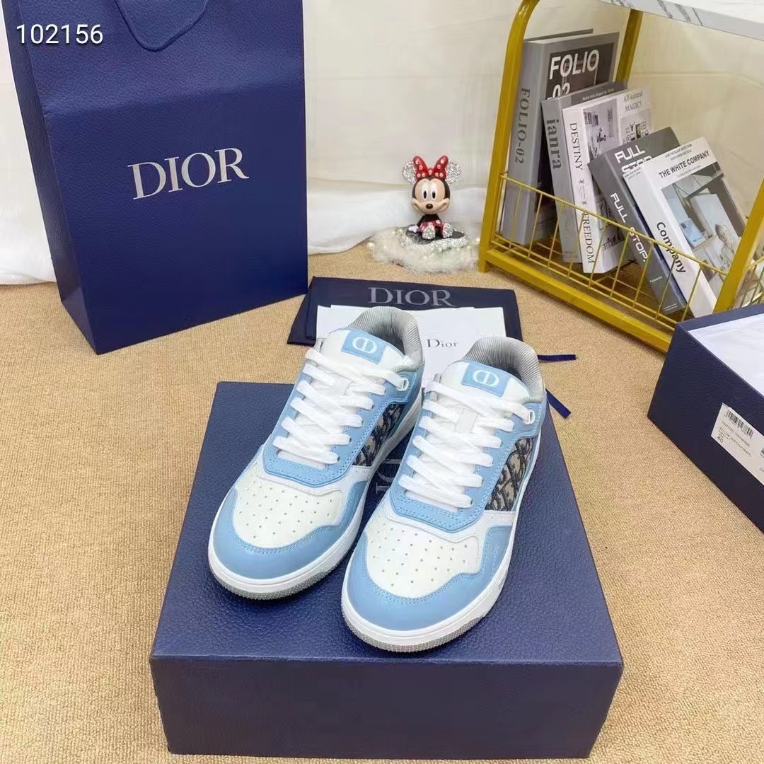 Dior Unisex Shoes CD B27 Low-Top Sneaker Light Blue White Gray Smooth Calfskin Oblique Jacquard