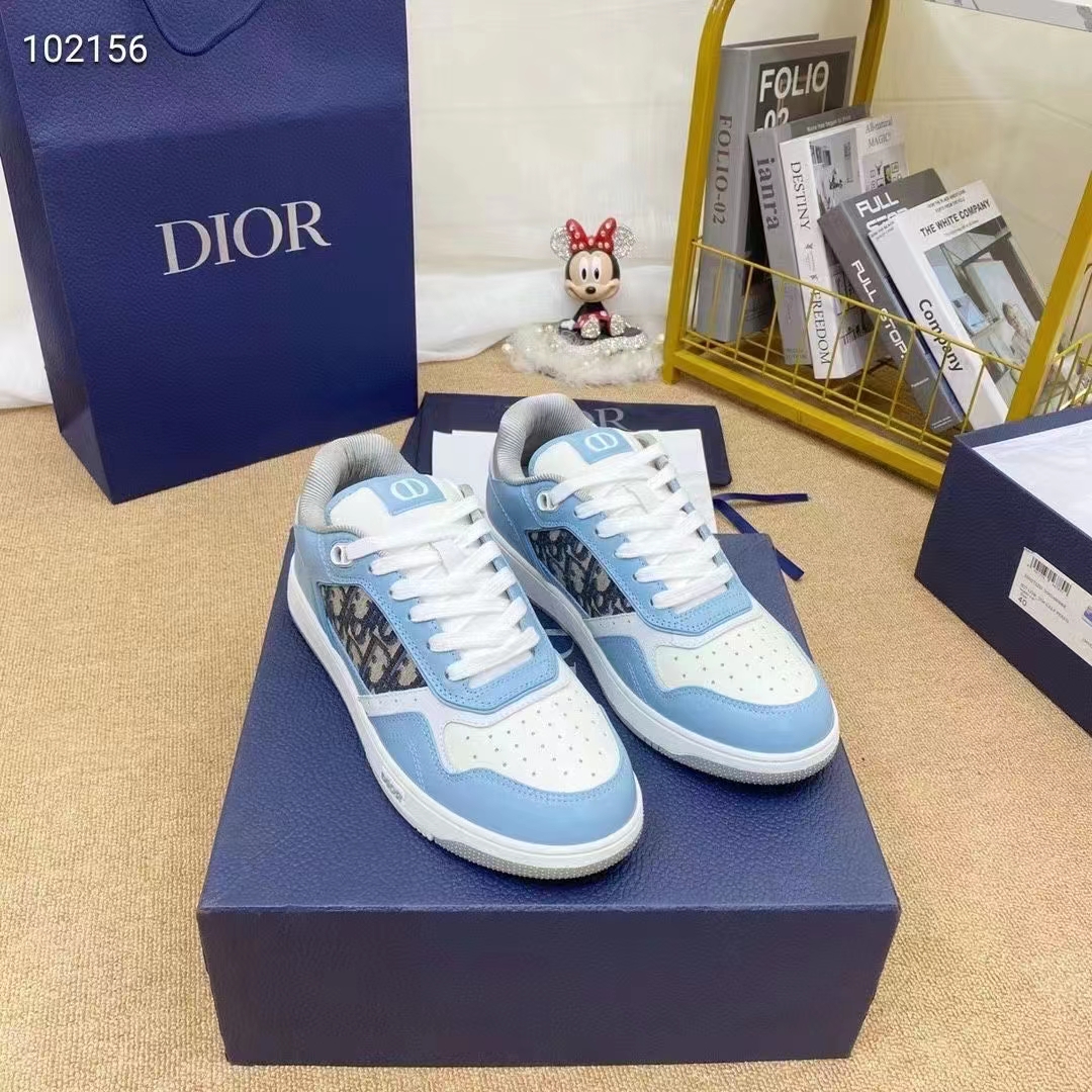 Dior Unisex Shoes CD B27 Low-Top Sneaker Light Blue White Gray Smooth Calfskin Oblique Jacquard