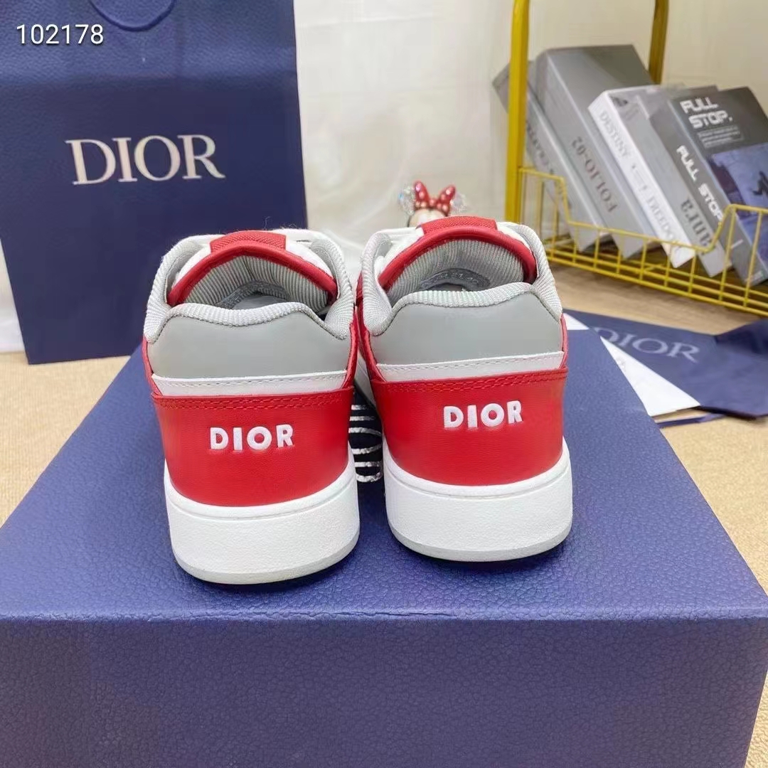 Dior Unisex Shoes CD B27 Low-Top Sneaker Red Gray White Smooth Calfskin Oblique Jacquard