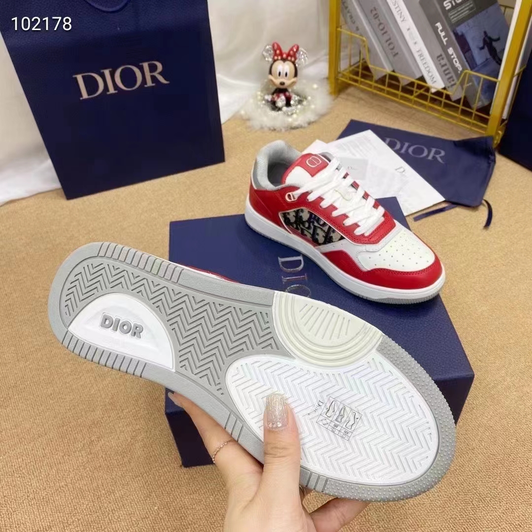 Dior Unisex Shoes CD B27 Low-Top Sneaker Red Gray White Smooth Calfskin Oblique Jacquard